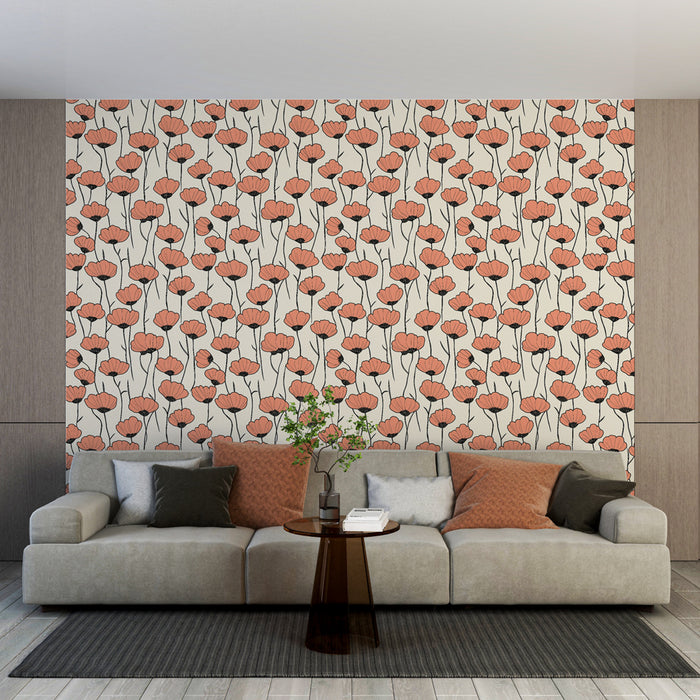 Un salon contemporain avec un papier peint floral aux motifs de coquelicots roses sur fond clair, créant une ambiance douce et accueillante.