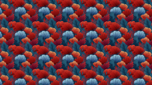 Papier peint floral vibrant Fleurs rouges, bleues et feuillage luxuriant