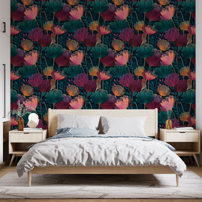 Une chambre moderne avec un papier peint floral aux teintes riches de rose, violet et vert sur fond sombre, créant une atmosphère chaleureuse et accueillante.
