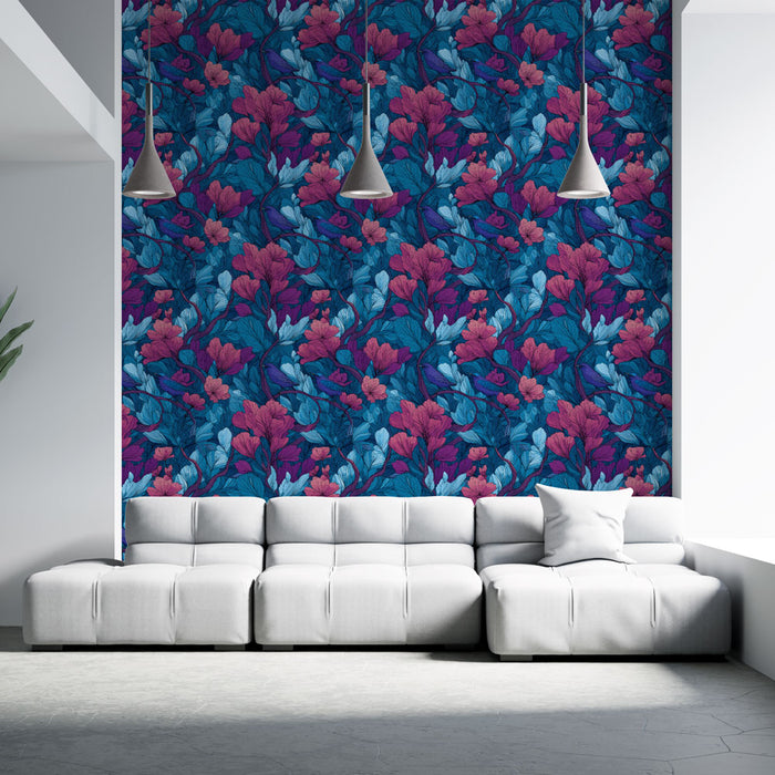 Un salon moderne avec un papier peint floral aux teintes vibrantes de bleu et de rose, créant une atmosphère dynamique et accueillante.