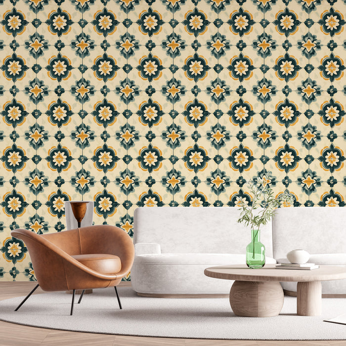Une pièce de vie contemporaine avec un papier peint aux motifs floraux en bleu foncé et jaune sur fond crème, créant une ambiance chaleureuse et accueillante.