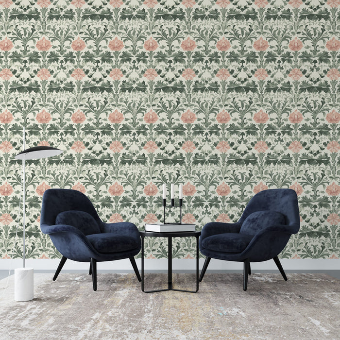 Un salon élégant avec un papier peint floral aux motifs délicats de roses roses et feuillages verts sur fond clair, créant une atmosphère douce et accueillante.
