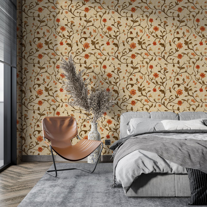 Une chambre moderne avec un papier peint floral beige aux motifs de fleurs orange et brunes, créant une ambiance chaleureuse et accueillante.