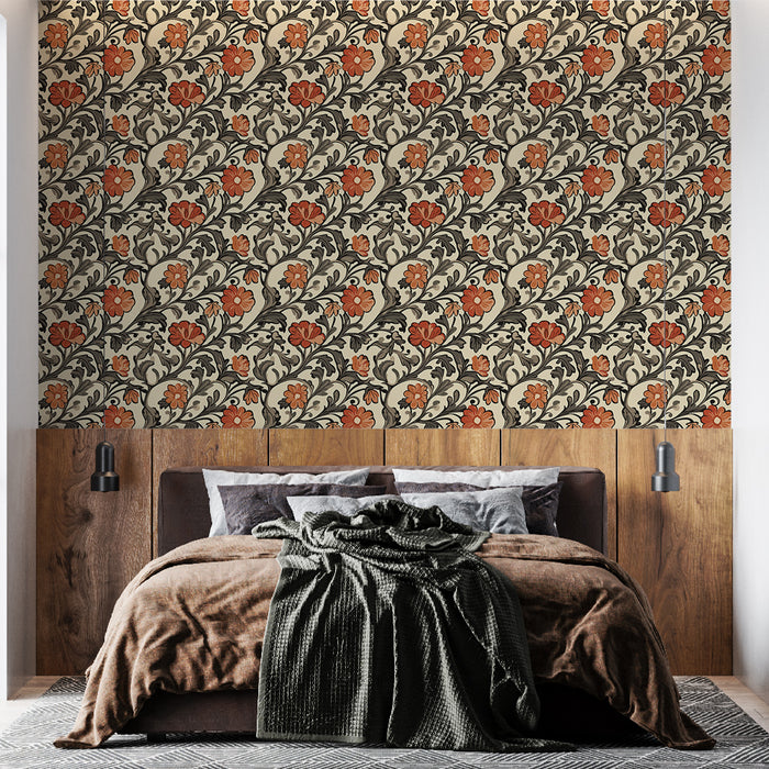 Une chambre élégante avec un papier peint floral aux motifs vintage, mêlant des fleurs rouges et des feuillages sur fond crème, créant une atmosphère chaleureuse et accueillante.
