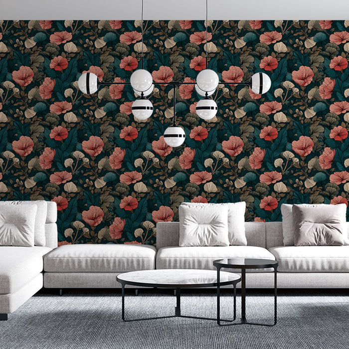 Un salon contemporain avec un papier peint floral aux teintes rouge et verte sur fond noir, créant une ambiance chaleureuse et élégante.