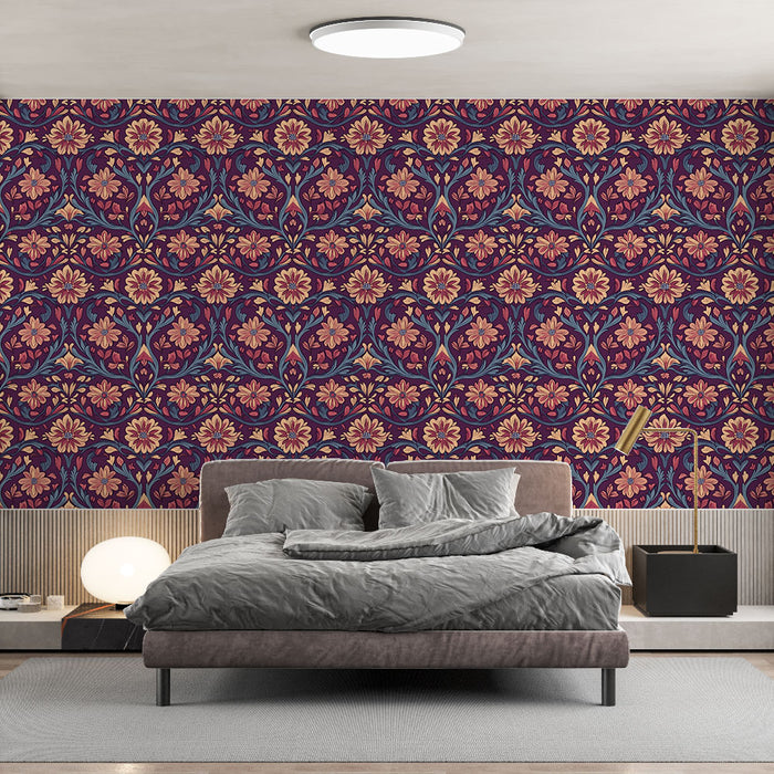 Une chambre élégante avec un papier peint floral sur fond bordeaux, aux motifs colorés de fleurs et de feuillages, créant une atmosphère chaleureuse et accueillante.