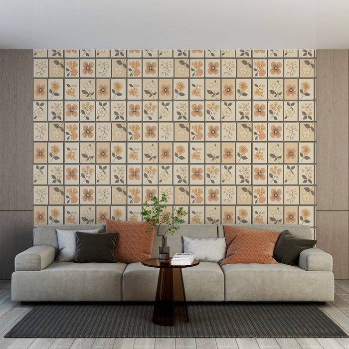 Un salon moderne avec un papier peint rétro aux motifs floraux orange et beige, créant une ambiance chaleureuse et accueillante.