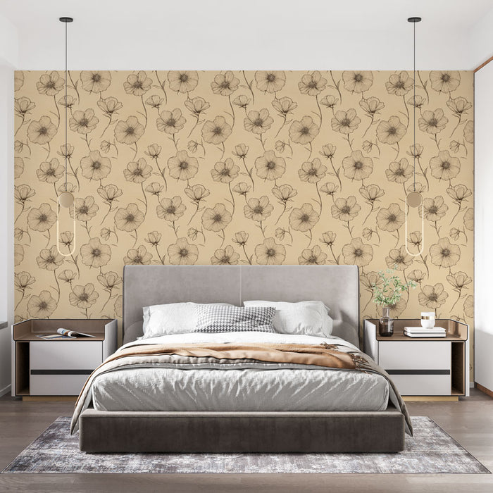 Une chambre moderne avec un papier peint floral beige aux délicats motifs de fleurs noires, créant une atmosphère douce et élégante.