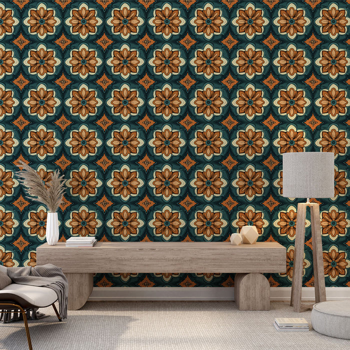 Un salon moderne avec un papier peint floral aux motifs colorés de fleurs marron et turquoise sur fond bleu, dégageant une atmosphère chaleureuse et accueillante.
