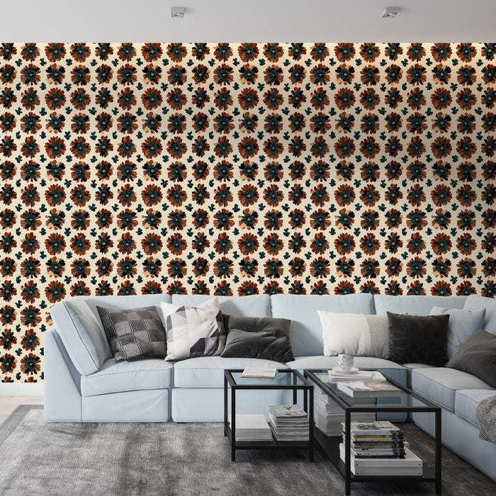 Un salon contemporain avec un papier peint floral aux motifs orangés et bleus sur fond crème, créant une ambiance chaleureuse et accueillante.