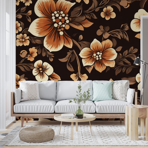 Papier peint floral vintage avec motifs floraux jaunes et marron pour salon élégant.