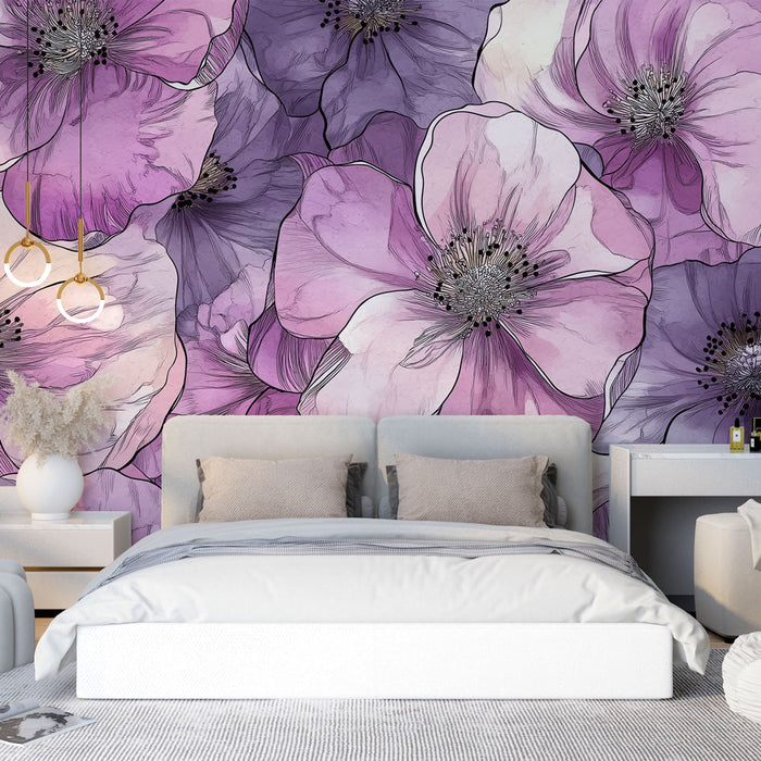 Une chambre moderne avec un papier peint floral aux teintes de violet et rose, créant une ambiance douce et romantique.
