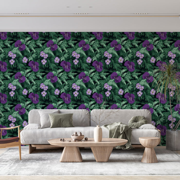 Un salon moderne avec un papier peint floral aux teintes vertes, violettes et blanches, créant une atmosphère vibrante et naturelle.