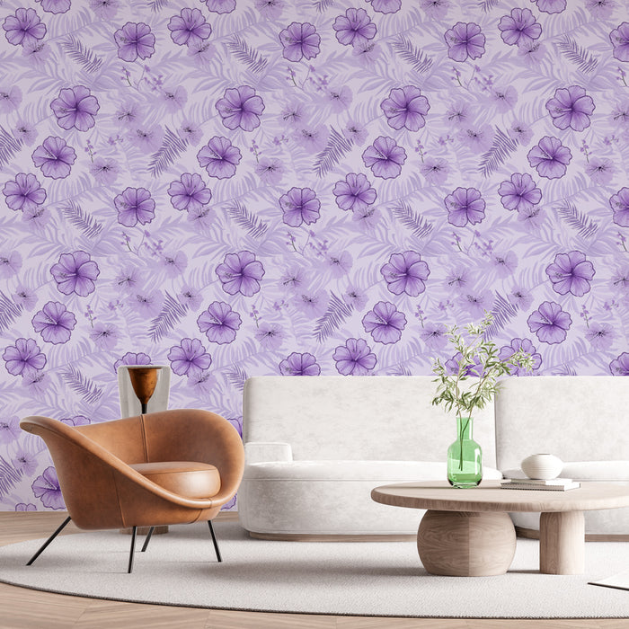 Une pièce moderne avec un papier peint floral violet aux motifs de fleurs et de feuillages délicats, créant une ambiance fraîche et apaisante.