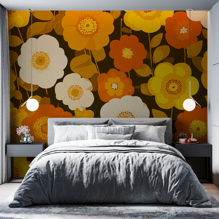 Une chambre moderne avec un papier peint floral aux teintes vives d'orange et de jaune sur fond sombre, créant une atmosphère chaleureuse et accueillante.