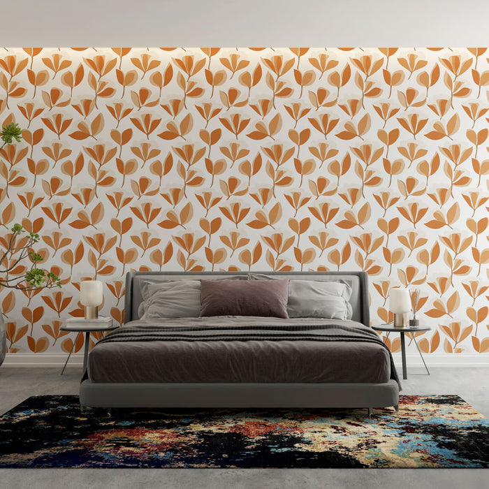 Une chambre moderne avec un papier peint floral aux motifs orangés et beiges sur fond blanc, créant une ambiance chaleureuse et accueillante.