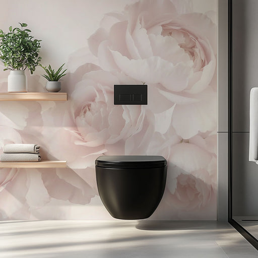 Une salle de bain moderne avec un papier peint floral aux grandes pivoine roses sur fond clair, créant une ambiance douce et apaisante.