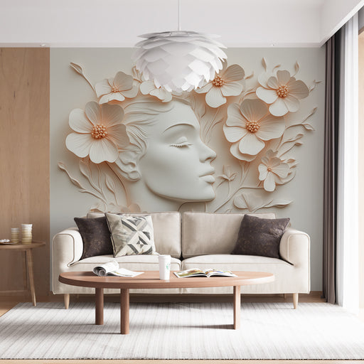 Papier peint floral avec silhouette féminine en relief entourée de fleurs délicates pour salon élégant