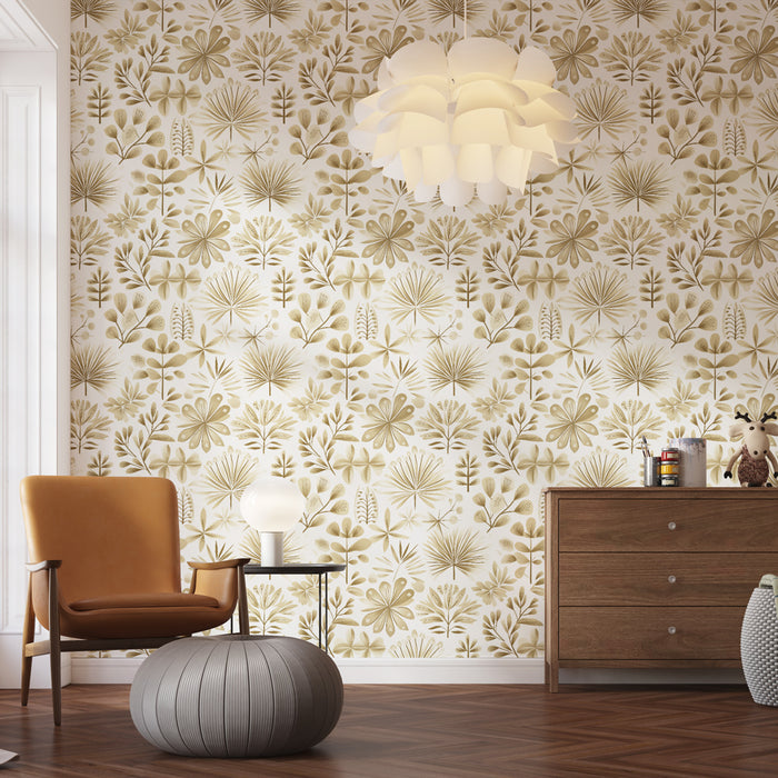 Une pièce moderne avec un papier peint floral beige et doré aux motifs délicats, créant une atmosphère chaleureuse et apaisante.