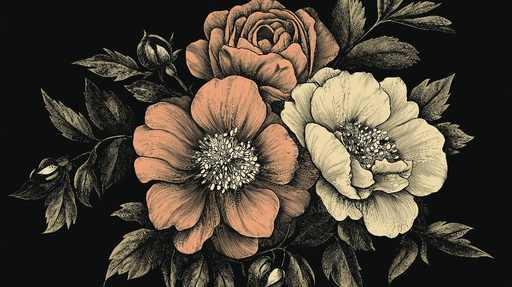 Papier peint floraux Fleurs Vintage sur Fond Noir