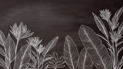 Papier peint floraux monochromes Motifs de feuilles et fleurs blanches sur fond noir