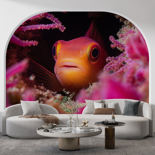 Papier peint fond marin corail avec poisson orange émergeant d'un récif coloré pour salon moderne
