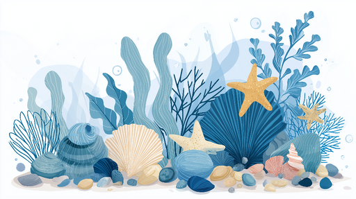 Papier peint fonds marins Motif de coquillages et d'étoiles de mer en nuances de bleu et de sable