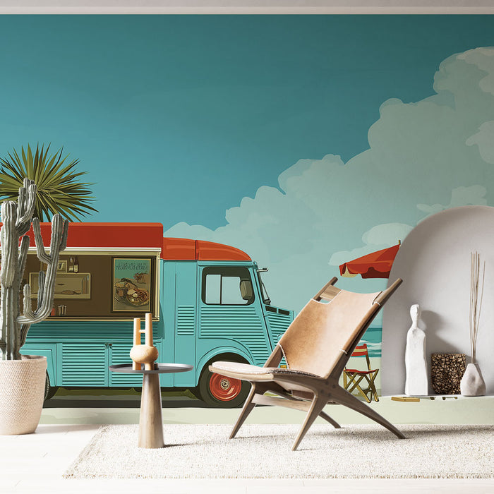Une pièce lumineuse avec un papier peint illustrant un camion de nourriture rétro turquoise sous un ciel bleu, évoquant une ambiance estivale et joyeuse.