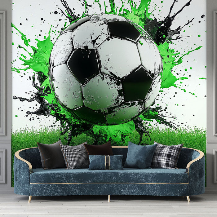 Papier peint football | Design dynamique avec ballon et éclaboussures vertes