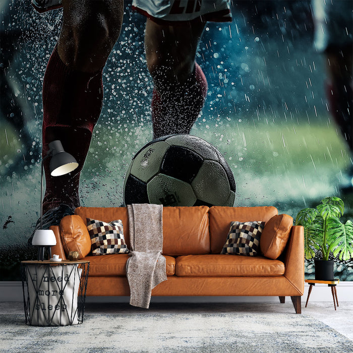 Papier peint football sous la pluie | Action dynamique sur terrain boueux