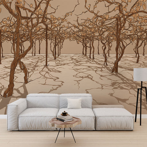 Un salon contemporain avec un papier peint représentant des arbres stylisés aux teintes brunes et dorées, créant une atmosphère chaleureuse et organique.