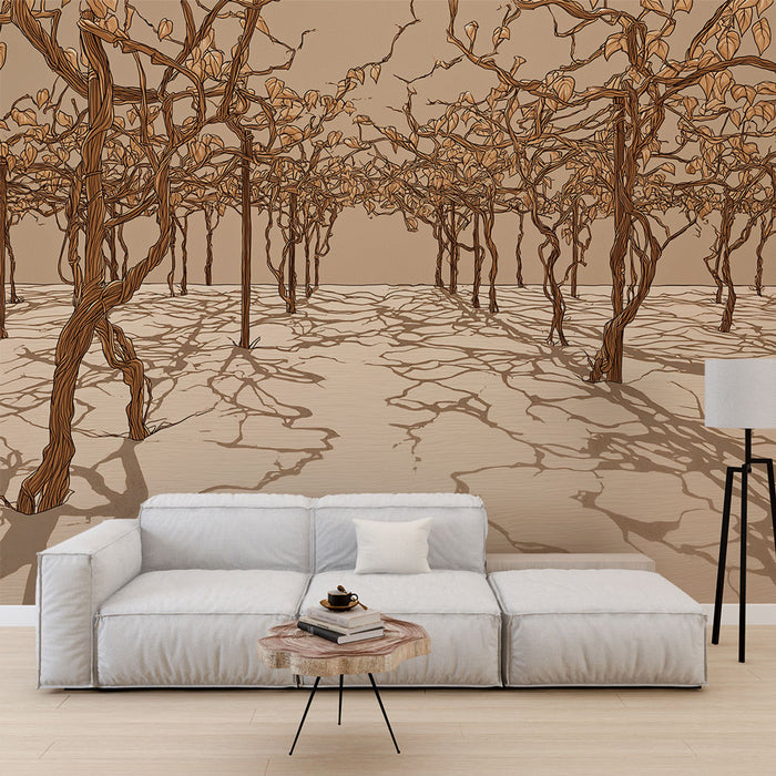 Un salon contemporain avec un papier peint représentant des arbres stylisés aux teintes brunes et dorées, créant une atmosphère chaleureuse et organique.