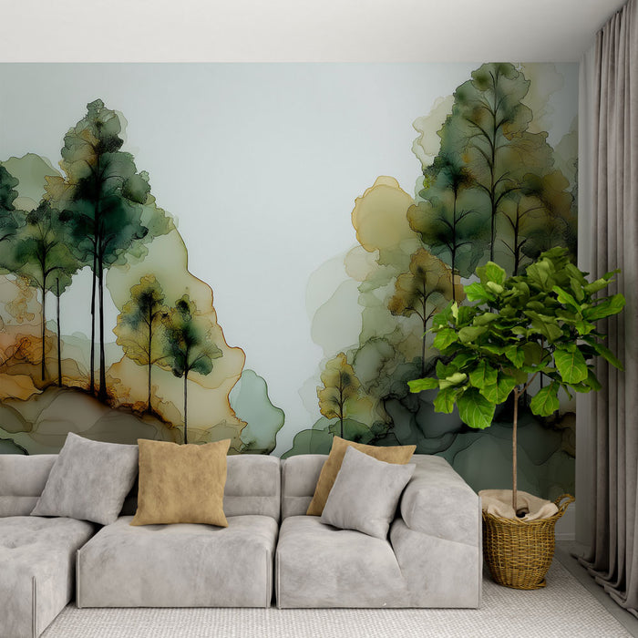Une pièce moderne avec un papier peint artistique représentant des arbres aux teintes vertes et dorées sur un fond doux, créant une atmosphère apaisante et naturelle.