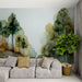 Une pièce moderne avec un papier peint artistique représentant des arbres aux teintes vertes et dorées sur un fond doux, créant une atmosphère apaisante et naturelle.