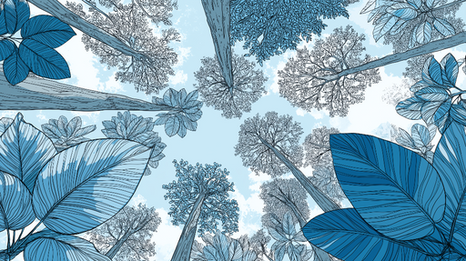 Papier peint forêt aérienne Vue plongeante sur un ciel bleu entre les arbres et feuilles