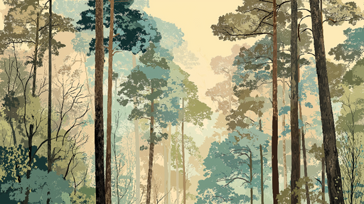Papier peint forêt apaisante Arbres stylisés dans des teintes douces de vert et de bleu