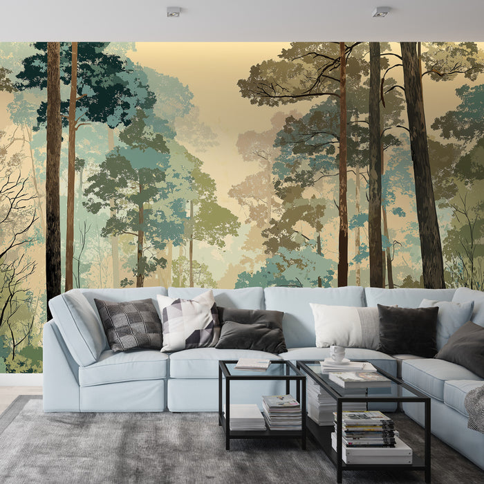 Un salon moderne avec un papier peint représentant une forêt aux teintes douces de vert et beige, créant une atmosphère apaisante et naturelle.