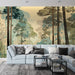 Un salon moderne avec un papier peint représentant une forêt aux teintes douces de vert et beige, créant une atmosphère apaisante et naturelle.