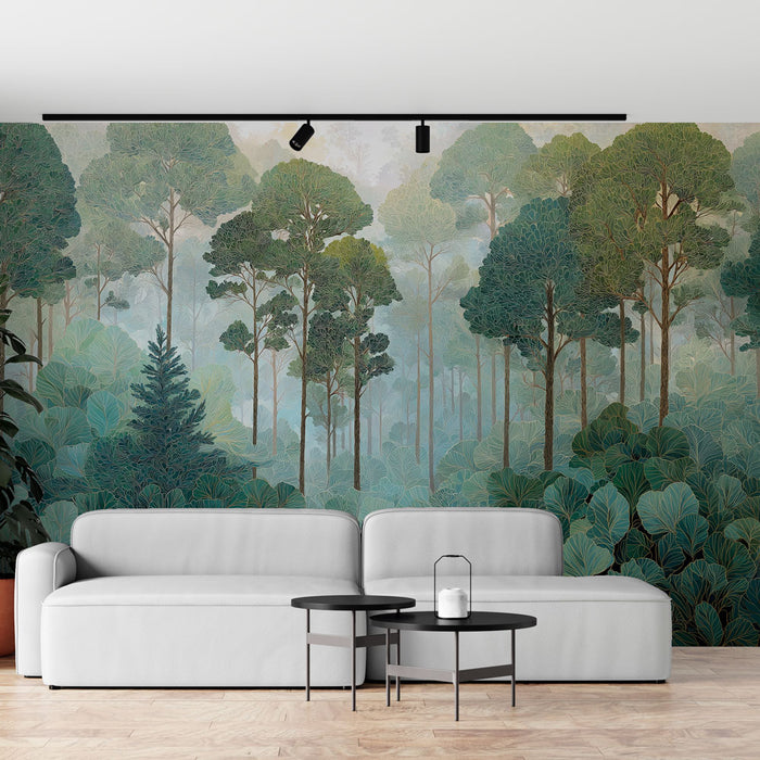Un salon moderne avec un papier peint représentant une forêt luxuriante aux nuances de vert et de bleu, créant une atmosphère apaisante et naturelle.