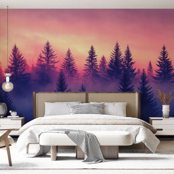 Papier peint forêt au coucher de soleil | Arbres majestueux enveloppés de brume et couleurs pastel