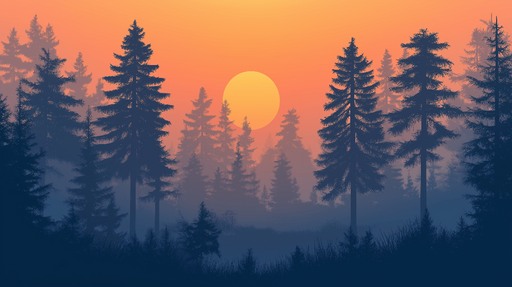 Papier peint forêt au coucher de soleil Silhouettes d'arbres dans une brume crépusculaire