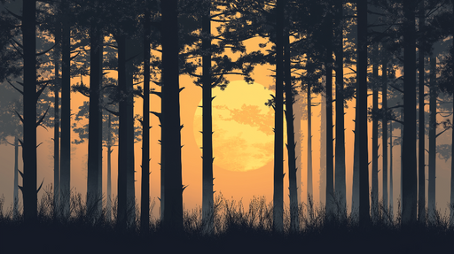 Papier peint forêt au coucher de soleil Silhouettes d'arbres sombres avec un grand soleil orange