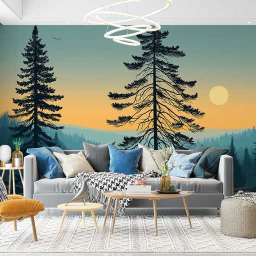 Un salon contemporain avec un papier peint représentant des silhouettes d'arbres noirs sur un dégradé de bleu et orange, créant une ambiance apaisante et naturelle.