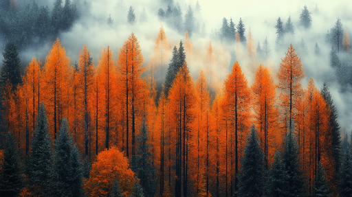 Papier peint forêt automnale Une splendide vue sur des arbres aux feuillages flamboyants et brumeux