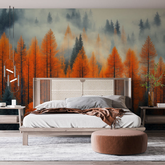 Papier peint forêt automnale avec arbres aux feuillages flamboyants et brumeux pour chambre moderne.