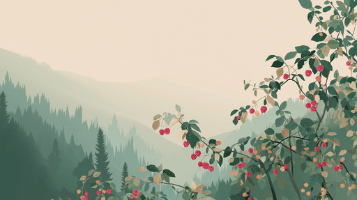 Papier peint forêt avec framboises Un paysage doux aux nuances de vert et de framboises rouges
