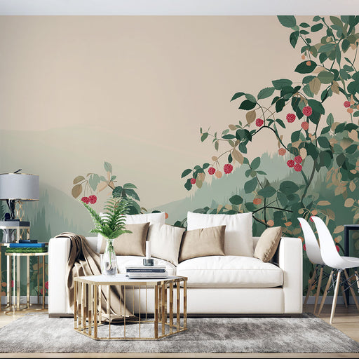 Un salon lumineux avec un papier peint illustrant des framboises et des feuillages sur fond doux, créant une atmosphère naturelle et apaisante.