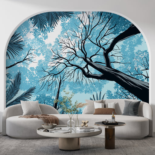 Un salon moderne avec un papier peint représentant un ciel bleu et des arbres stylisés, créant une atmosphère apaisante et naturelle.