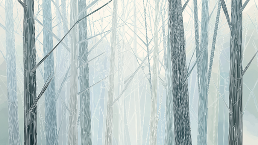Papier peint forêt brumeuse Arbres aux teintes grises et bleues dans une ambiance éthérée