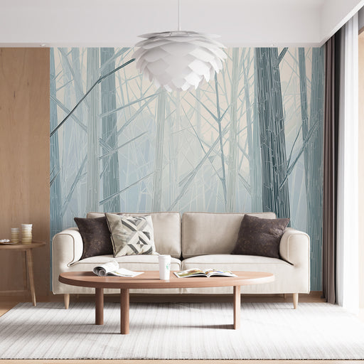 Un salon contemporain avec un papier peint représentant une forêt de bambous stylisés dans des teintes douces de bleu, créant une atmosphère apaisante et moderne.
